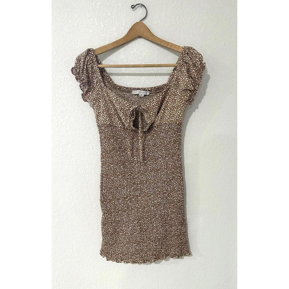 HYFVE Brown And White Spotted Puff Sleeved Ruffle Dress Women's Size M